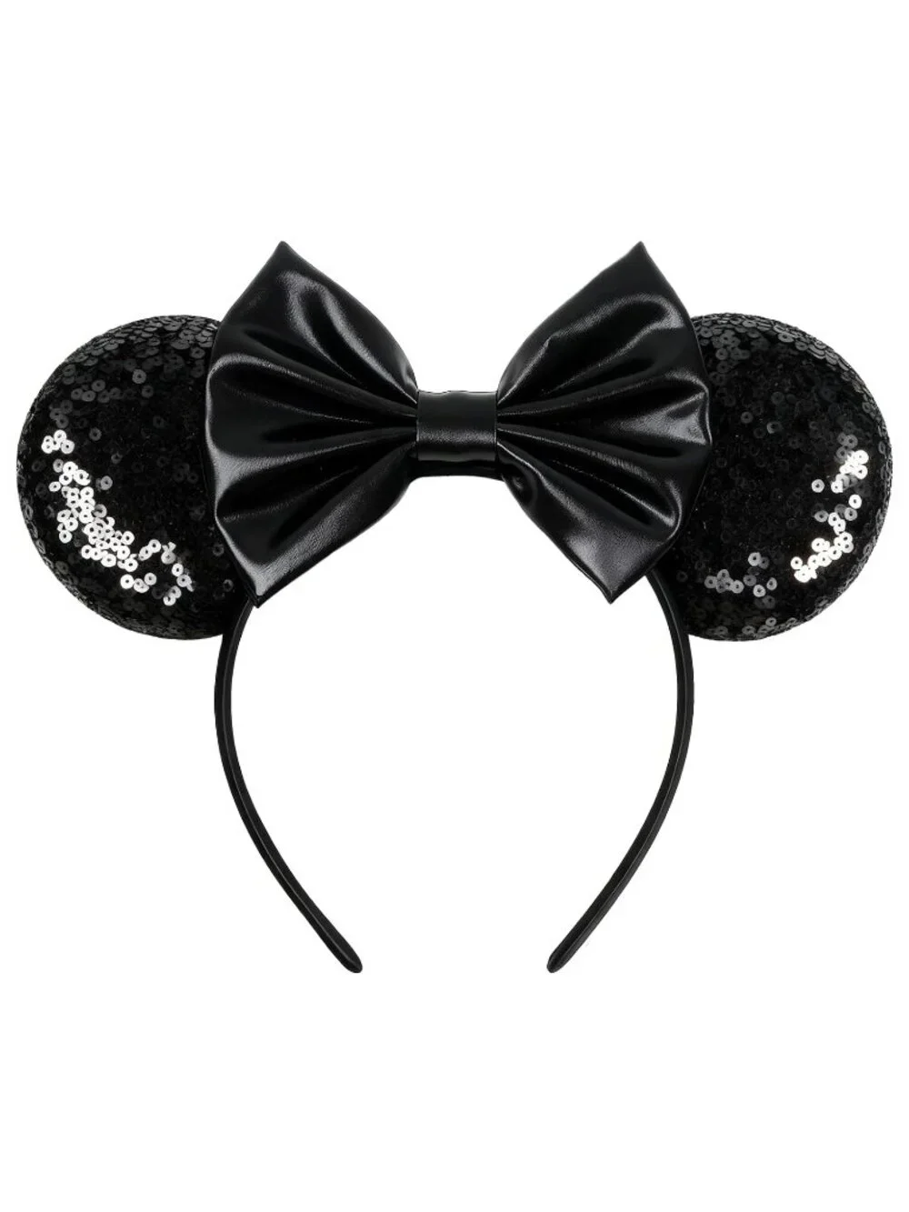 Women Black Polyester Sparkle Sequins Mickey Mouse Hair Bow Handmade Headband